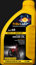 DESIGNED FOR Supercharge Engines Turbocharged Fuel Injected Carbureted  ADVANCE SERIES ENGINE OIL API SL / JASO MA FORMULATION BY USA 1 LITRE MOTO 4T LUBRICANT SAE 40  PERFORMANCE LUBRICANTS Tribo Lube