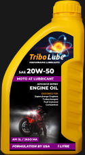 DESIGNED FOR Supercharge Engines Turbocharged Fuel Injected Carbureted  ADVANCE SERIES ENGINE OIL API SL / JASO MA FORMULATION BY USA 1 LITRE MOTO 4T LUBRICANT SAE 20W-50  PERFORMANCE LUBRICANTS Tribo Lube