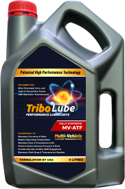 FORMULATION BY USA 4 LITRES ENGINEERED TO: Maximize Corrosion & Wear Reduce Operating Temperature Maximize Gear & Transmission Life Perform Under Extreme Pressure & Heat Provide Smooth, Positive Shift Engagment Eliminate Cluth Drag & Transmission Shudder DESIGNED FOR: Most Passenger Cars, and Light & Heavy-Duty Trucks with Automatic Transmissions Patented High Performance Technology FULLY SYNTHETIC MV-ATF PERFORMANCE LUBRICANTS Tribo Lube