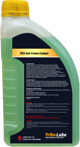 MEG Anti-Freeze Coolant Description TRIBO LUBE MEG Antifreeze Coolant is an ethylene glycol-based coolant concentrate which utilises Organic Acid Inhibitor Technology and is free from nitrates, amines, phosphates, borates and silicates. Fleet trials have shown that when used at correct concentration OAT based coolants provide effective corrosion protection in passenger & commercial vehicles. TRIBO LUBE MEG Antifreeze Coolant demonstrates exceptional thermal stability eliminating the risk of deposits particularly near the cylinder head, engine block, radiator, water pump and heat exchanger.  Applications Ideally TRIBO LUBE Antifreeze Coolant concentrate should be diluted with DI water; it is compatible with hard water and may also be mixed with tap water. The concentrate must be mixed with water prior to filling; a dilution rate of 80% in the final coolant solution is recommended to provide frost protection to -25°C.  Performance Features Outstanding long-term protection against corrosion, overheating and frost Low Inhibitor depletion rates Exceptional thermal stability Nitrate, Amine, Phosphate, Borate and Silicate free  Performance Levels BS 6580   WARNING:  INGESTION - If swallowed, DO NOT INDUCE VOMITING - Rinse mouth with water; get immediate medical attention. EYES - Flush with water for 15 minutes; get medical attention if eye irritation persists. INHALATION - Remove exposed person to fresh air adverse effects are observed; get medical attention if symptoms occur. SKIN - Wash with soap and water get medical attention if irritation develops.   DO NOT USE AS BREAK-IN OIL. NOT RECOMMENDED FOR ANY WET CLUTCH APPLICATIONS.  WARNING:  - Ingestions may cause GI tract irritations or stomach discomfort. - Inhalation of oil mists or heated oils may result in respiratory tract irritation. Slip hazard when spilled. - Contains petroleum distillates. Avoid direct exposure. May cause skin or eye irritation. ! KEEP OUT OF REACH OF CHILDREN PERFORMANCE LUBRICANTS Tribo Lube