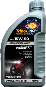 DESIGNED FOR Supercharge Engines Turbocharged Fuel Injected Carbureted  ADVANCE SERIES ENGINE OIL API SL / JASO MA FORMULATION BY USA 1 LITRE MOTO 4T LUBRICANT SAE 15W-50  PERFORMANCE LUBRICANTS Tribo Lube