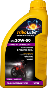 DESIGNED FOR Supercharge Engines Turbocharged Fuel Injected Carbureted  ADVANCE SERIES ENGINE OIL API SL / JASO MA FORMULATION BY USA 1 LITRE MOTO 4T LUBRICANT SAE 20W-50  PERFORMANCE LUBRICANTS Tribo Lube